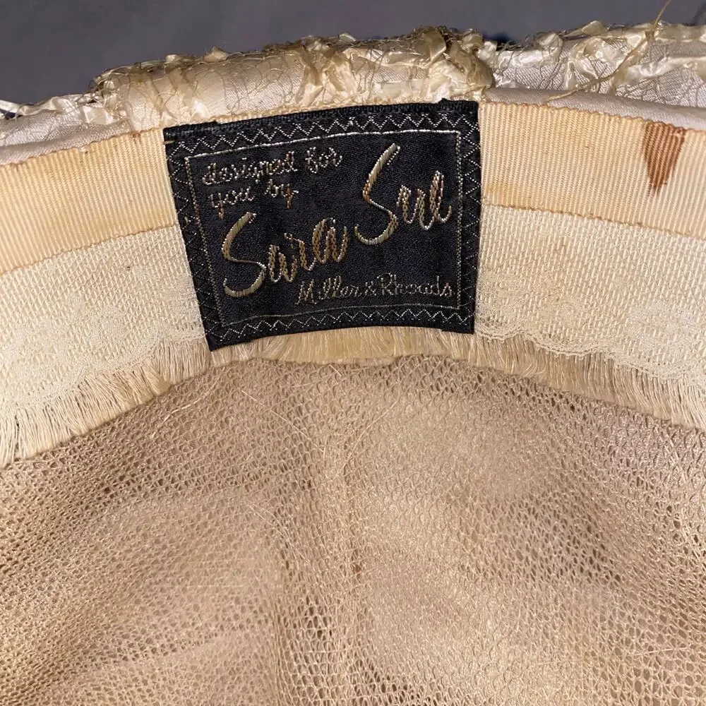 Vintage 1950s Sara Sue Champagne Textured Ruched Pillbox Hat feminine romantic